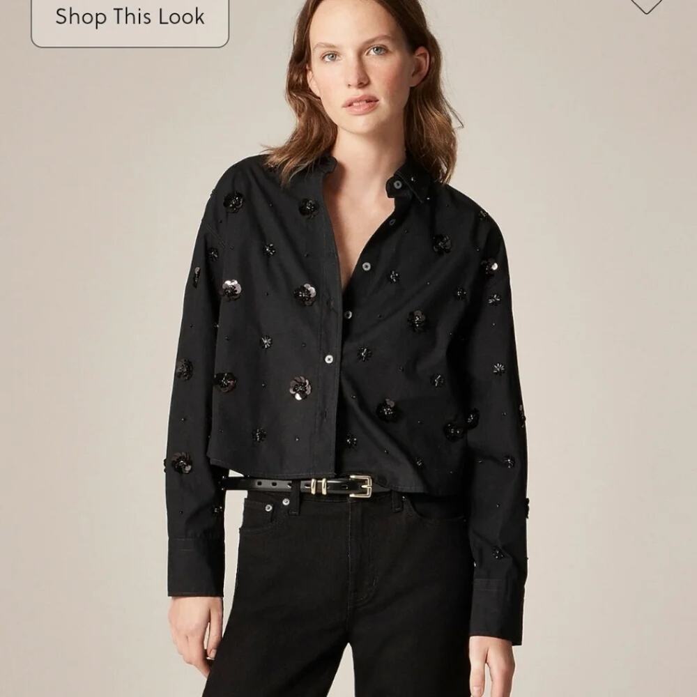 NWOT J. Crew Étienne Cropped Button Shirt Black Embellished Cotton Poplin Size M